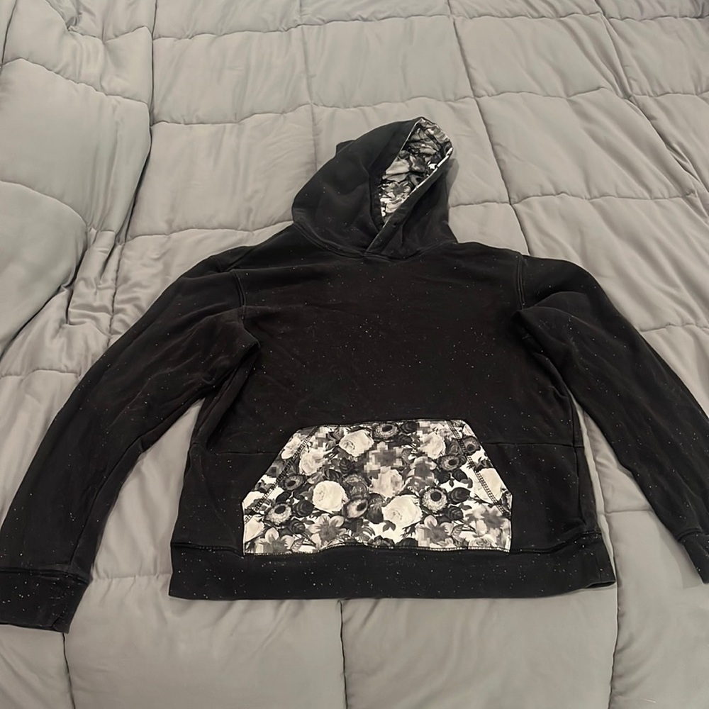 “On The Byas” Mens Hoodie Black White and Pixel Roses on hood and pocket
